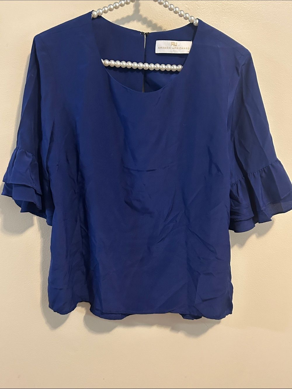 Amanda Uprichard Royal Blue 100% Silk Ruffle Tiered Sleeve Blouse Top M